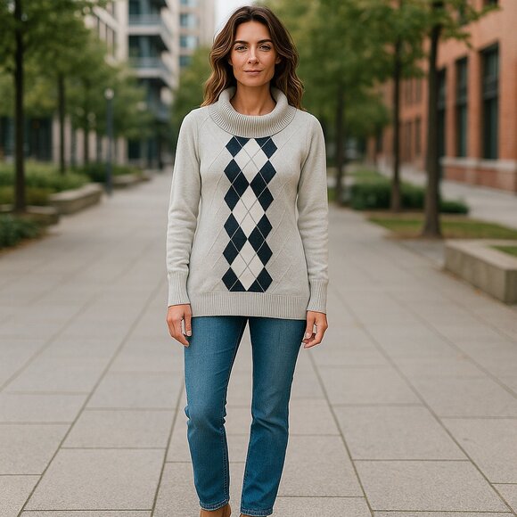 MEXX Gray Argyle Cowl Neck Pullover cotton  Sweater beige Women size large - Picture 4 of 13